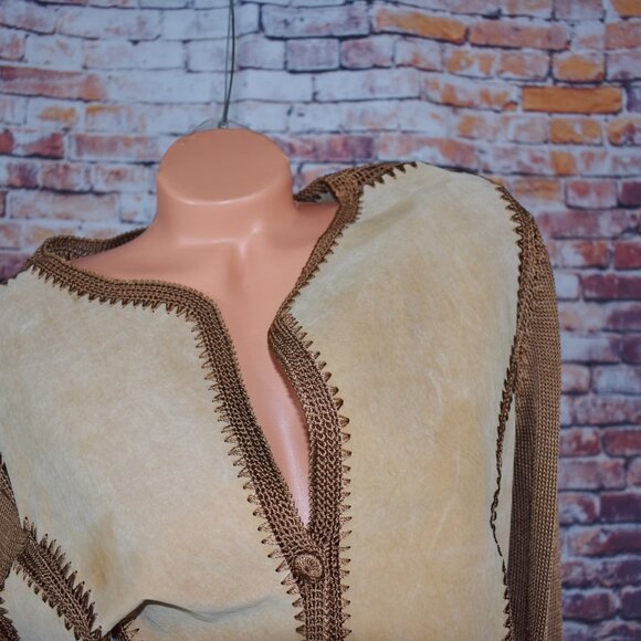 Carducci Sz Medi Leather Suede Jacket Crochet Patchwork Button Tan Boho Cowgirl - Picture 3 of 12